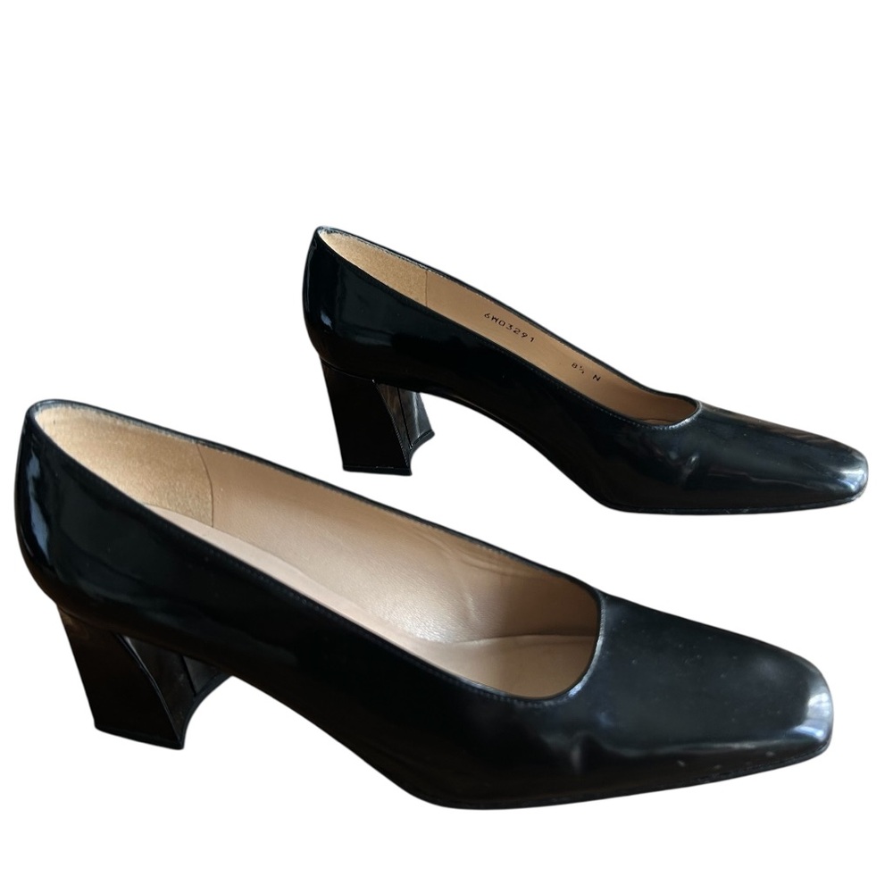 Stuart Weitzman Classic Black Wedge Block Patent Leather Women's Heels EUC 8.5N